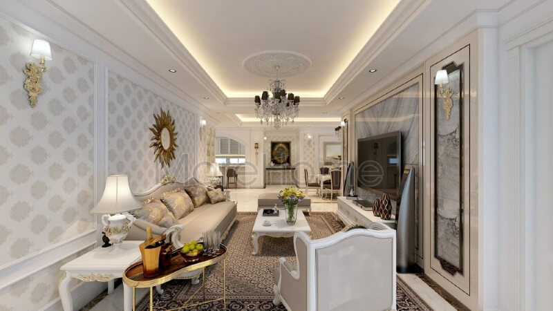 Trang trí nội thất phòng khách chung cư đẹp hơn với tone màu trắng sáng được sử dụng tạo điểm nhấn cho các đường nét trạm khắc tinh xảo và khéo léo. Xem ngay các mẫu kế phòng khách đẹp đẳng cấp