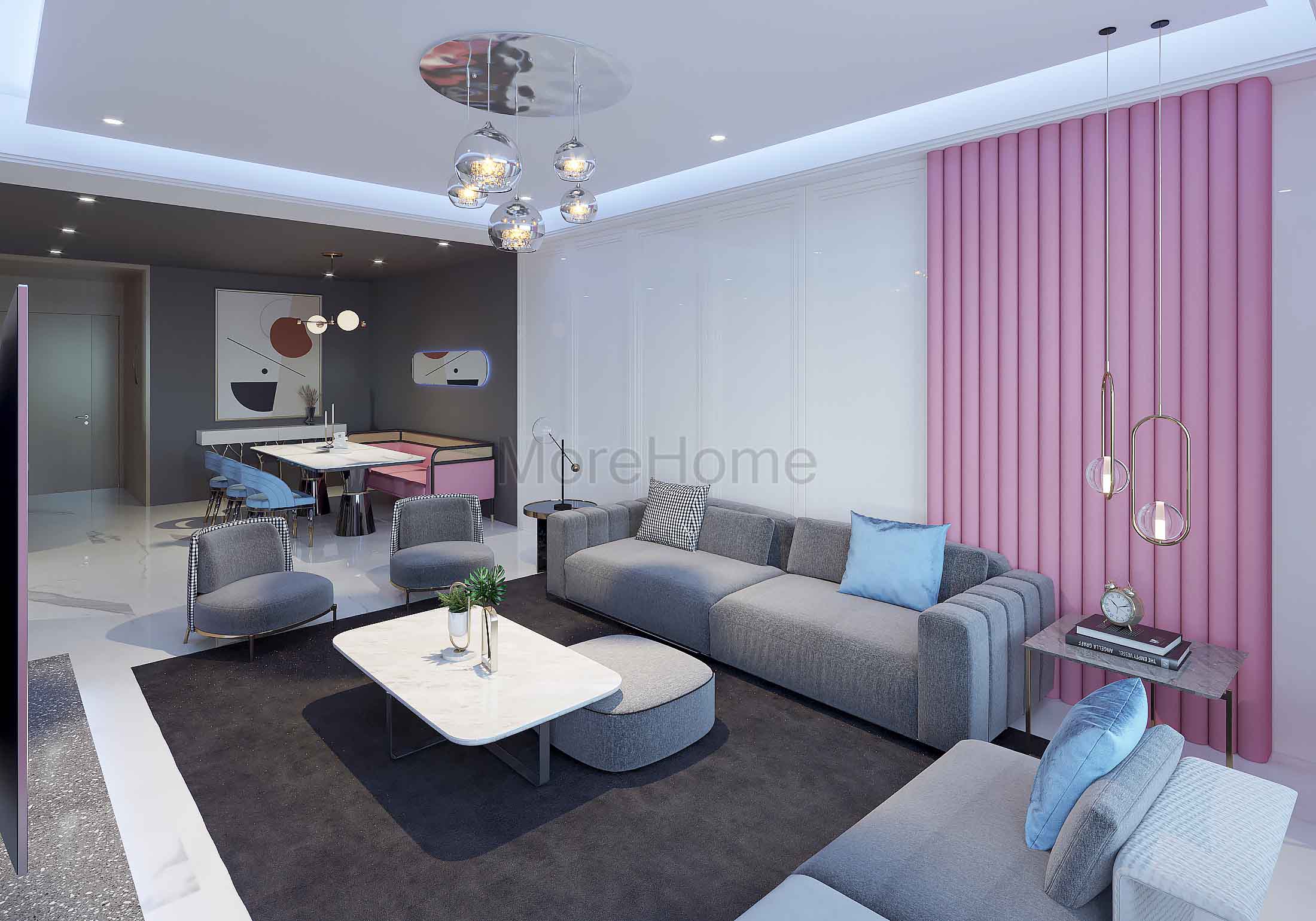 Nội thất phòng khách hiện đại được thiết kế với tone màu xem lẫn ghi - hồng tạo không gian hài hòa, nhẹ nhàng cho căn phòng Xem ngay các mẫu kế phòng khách đẹp đẳng cấp