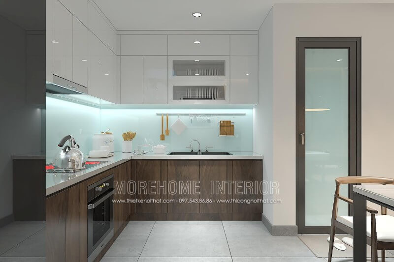 Thiết kế nội thất tủ bếp gỗ công nghiệp tại nhà phố An Dương Vương, Tây Hồ, Hà Nội. Tủ bếp gỗ công nghiệp và tủ bếp acrylic