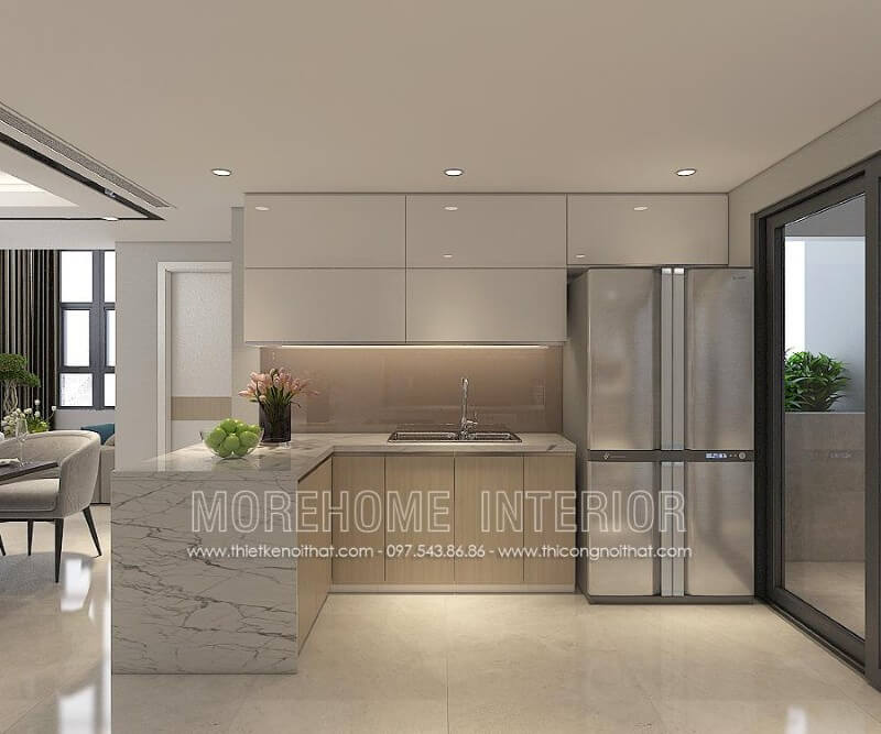 Tủ bếp đẹp đầy ấn tượng, tủ bếp treo phía trên sử dụng chất liệu gỗ Acrylic màu trắng tinh tế, tạo điểm nhấn lạ mắt cho không gia này, ở phía tủ bếp dưới, KTS lựa chọn gam màu vàng nhạt bằng chất liệu gỗ Melamine tạo nên không gian sang trọng tinh tế hơn Tủ bếp đẹp, sang trọng và đẳng cấp