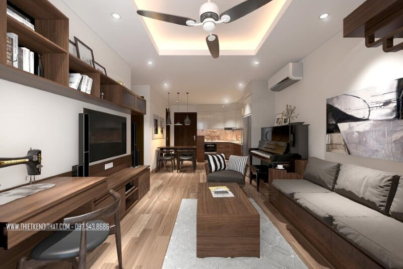 Trang trí phòng khách chung cư đẹp và ấn tượng với tone màu trầm từ nội thất gỗ Thiết kế chung cư