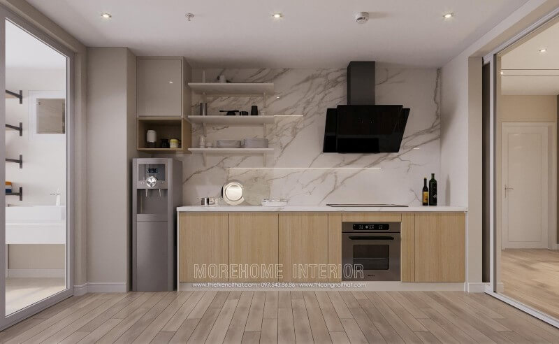 Tủ bếp gỗ công nghiệp MDF màu nâu sáng thiết kế nhiều ngăn hỗ trợ lưu chứa đồ đạc cho người nội trợ Tủ bếp hiện đại đẹp