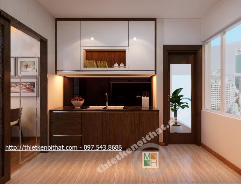Hệ thống tủ bếp chữ i được thiết kế đơn giản, kết hợp 2 tone màu nâu trầm và trắng tạo hiệu ứng màu sắc mang đến cảm giác thư giãn và thanh thoát nhẹ nhàng. Tủ bếp hiện đại đẹp