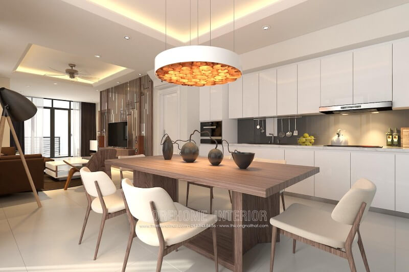 Thiết kế tủ bếp hiện đại đẹp liền kề với khu vực ăn uống, đáp ứng được cho gia chủ những bữa ăn ngon miệng và nhanh chóng Tủ bếp hiện đại đẹp
