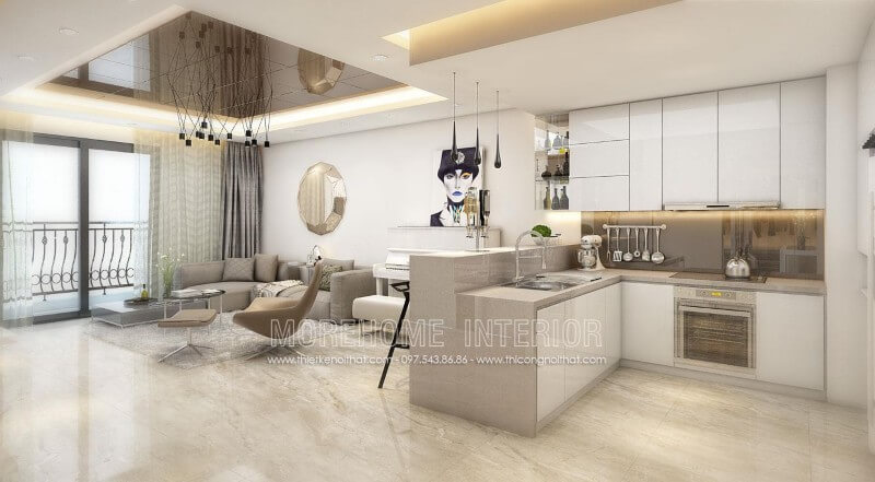 Ý tưởng thiết kế mẫu tủ bếp chung cư bằng gỗ Acrylic màu trắng chủ đạo kết hợp đá ốp bếp nhân tạo solid surface LG tạo nên một không gian bếp hiện đại và sang trọng Thiết kế và sản xuất tủ bếp đẹp