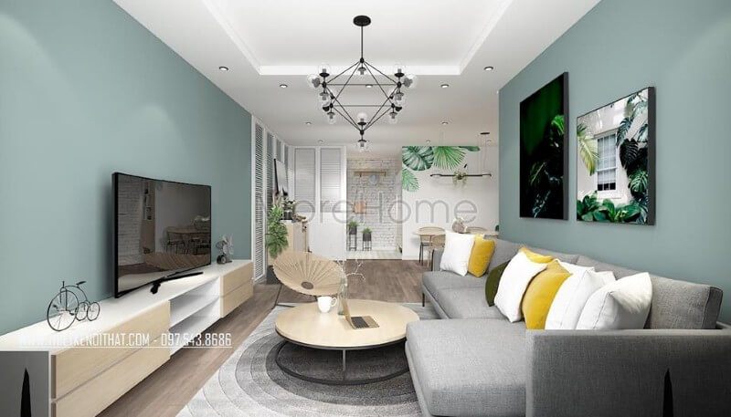 Thiết kế nội thất phòng ngủ chung cư nổi bật với gam màu xanh mát mẻ, bộ sofa hiện đại