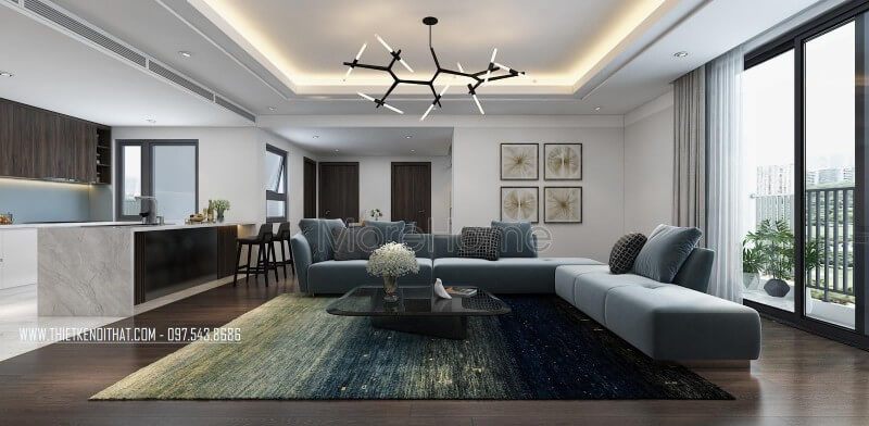 Không gian phòng khách thực sự thoáng đãng, gọn gàng với diện tích căn tương đối lớn cùng với sự bố trí đồ nội thất hài hòa của KTS