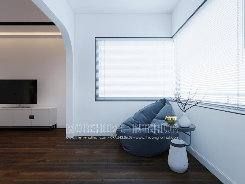 Ghế lười màu xám kết hợp cùng chiếc bàn nhỏ xinh xắn vừa đảm bảo công năng vừa mang lại vẻ đẹp thẩm mỹ lại vừa giúp phòng ngủ trở nên thông thoáng.