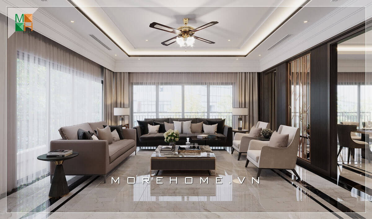 Mỗi một món đồ nội thất, từ bộ sofa gỗ tự nhiên bọc nỉ cao cấp, bàn trà mặt đá kiểu dáng hiện đại đến bàn tap trang trí với thiết kế lạ mắt, kết hợp với ánh sáng tự nhiên từ 2 hệ thống cửa kính ban công, tất cả tạo nên một vẻ đẹp hiện đại sang trọng, cao cấp cho không gian phòng khách này