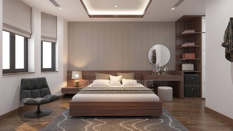 Nếu bạn là người mệnh Thổ hay mệnh Kim thì mẫu bố trí nội thất phòng ngủ sử dụng gam màu nâu chủ đạo sẽ là gam màu khá phù hợp. Thể hiện nổi bật trong toàn bộ vật liệu đường ngôi nhà, từ sàn gỗ, giường ngủ gỗ, bàn trang điểm gỗ, kệ để đồ gỗ cùng chi tiết nhấn màu gỗ trên trần thạch cao và rèm.