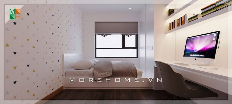 Mẫu thiết kế bàn học và kệ sách treo tường giúp tiết kiệm diện tích phòng ngủ giúp căn phòng ngủ trở nên gọn gàng và tiện nghi hơn.
