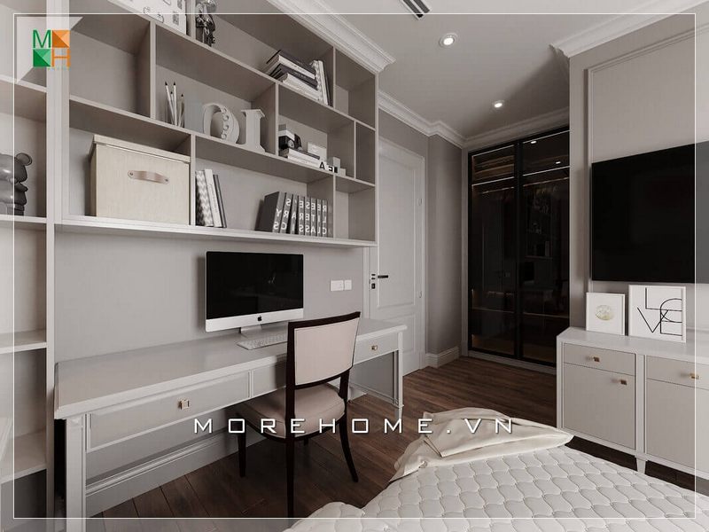 Giới thiệu mẫu thiết kế nội thất bàn làm việc và kệ sách treo tường phòng ngủ đẹp mang phong cách hiện đại. Chất liệu sản xuất chính là gỗ công nghiệp cao cấp An Cường rất đẹp mắt và màu sắc trang trí phù hợp với màu sắc căn phòng.