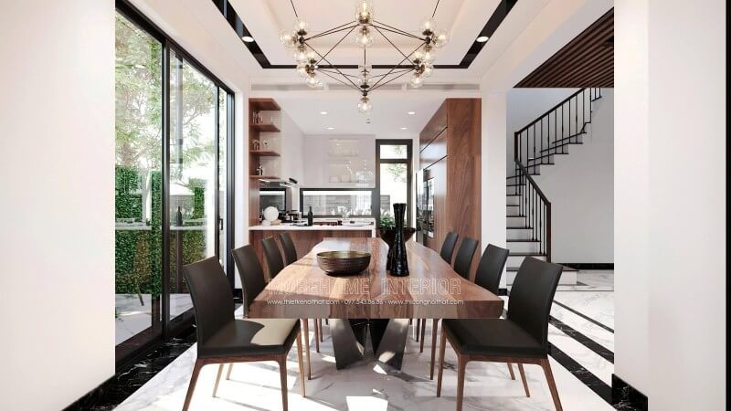 Bộ bàn ăn 6 chỗ được thiết kế lạ mắt tạo nên một không gian dùng bữa đầy ấn tượng