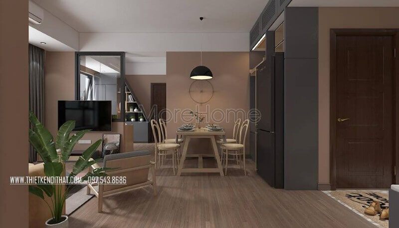 Tại căn chung cư nhỏ, việc thiết kế khu vực ăn uống liết kết trực tiếp phòng khách vừa tiết kiệm diện tích vừa tăng độ thông thoáng cho nhà ở
