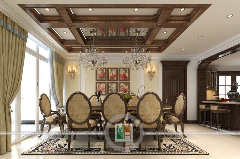 Thiết kế nội thất phòng ăn sang trọng với bộ bàn ăn tân cổ điển màu vàng ánh kim lộng lẫy