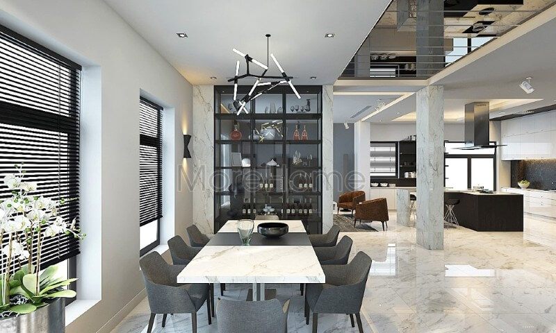 Thiết kế nội thất phòng ăn chung cư đẹp hiện đại được ngăn cách với không gian phòng khách bằng tủ kính đa năng tạo sự riêng tư và thoải mái