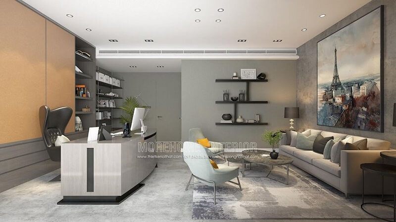 Nội thất với phòng giám đốc đẹp với bộ sofa da màu kem đẹp kết hợp bức tranh canvas đẹp tạo điểm nhấn được đáo cho căn phòng