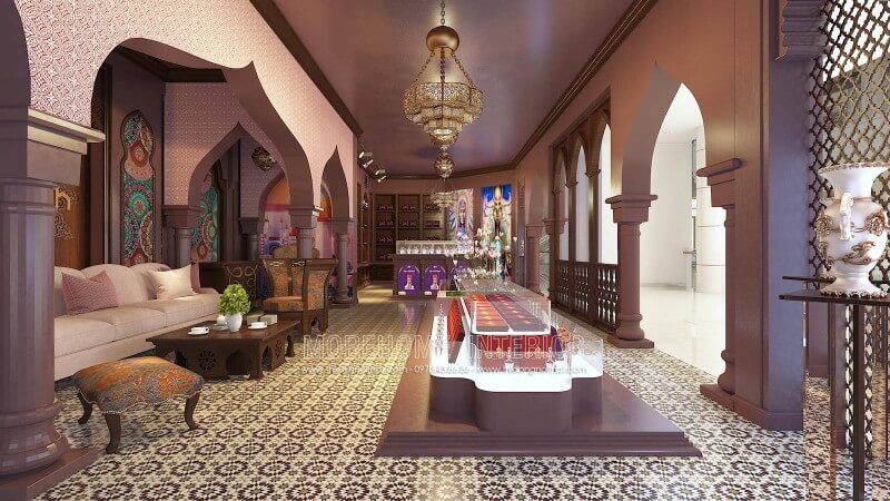 Trang trí nội thất showroom làm đẹp Saffron Nguyễn Chí Thanh với những đồ nội thất họa tiết độc đáo trong tông màu chủ đạo tím mận