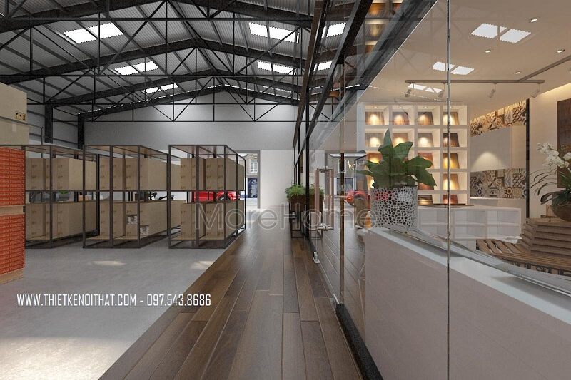 Thiết kế kho chứ đồ showroom nội thất JANHOME hiện đại, KTS đã khéo léo kết hợp kính cường lực ngăn cách 2 không gian ấn tượng.