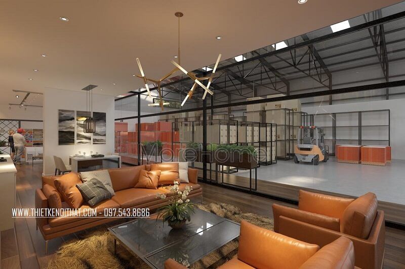 Mẫu thiết kế khu vực tiếp khách showroom đẹp với khu vực kho bãi được ngăn cách nhau bởi tấm kính cường lực dày 12li cao cấp