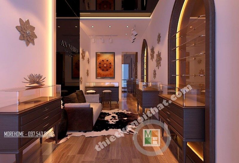Trang trí nội thất showroom đá phong thủy An Thiên ấn tượng sửu dụng gỗ ốp sàn và đồ nội thất gỗ cao cấp theo tông màu nâu trầm chủ đạo
