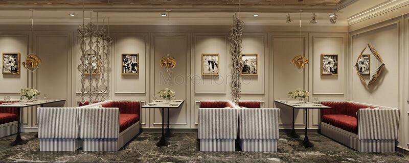 Thiết kế nhà hàng cao cấp với hàng ghế sofa nỉ màu trắng, đỏ tạo điểm nhấn nổi bật, cuốn hút khách hàng đến đây