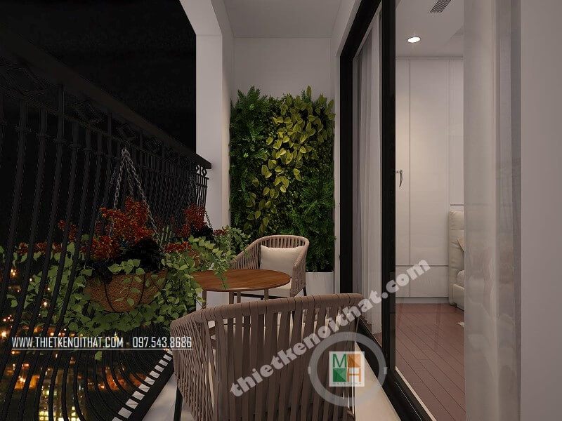 Mẫu thiết kế ban công chung cư đẹp, nhỏ nhắn với dàn cây cành trang trí tạo nên một view đẹp thoáng mát, là không gian thư giãn tuyệt vời cho gia chủ