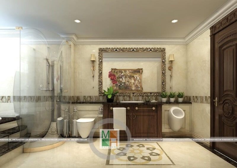 Mẫu thiết kế phòng tắm chung cư đẹp với đồ nội thất trang trí bắt mắt kết hợp thiết bị vệ sinh cùng vách tắm kính cao cấp.