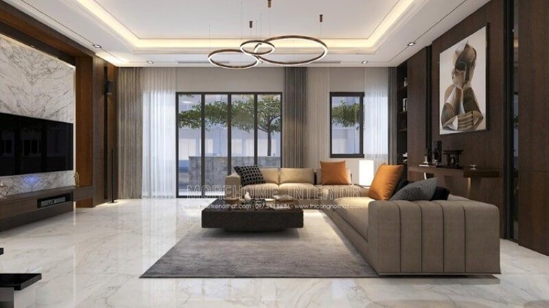 Bố trí nội thất phòng khách biệt thự cao cấp tại Parkcity ấn tượng với phong cách trang trí hiện đại sang trọng.