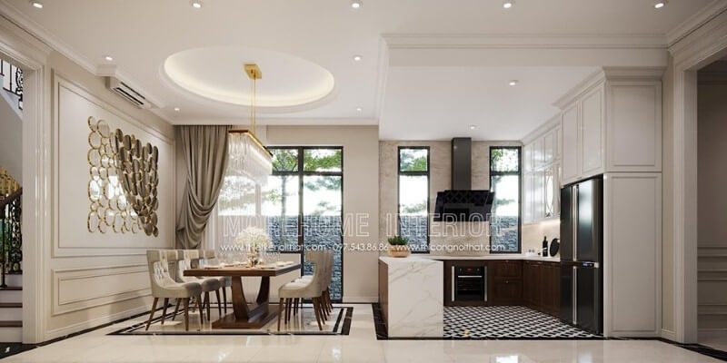 Thiết kế phòng ăn liền bếp với hệ cửa mở giúp không gian luôn được thông thoáng.