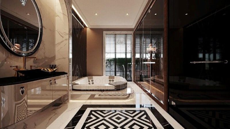 Đá ốp tường, sàn đẹp sang trọng tạo nét đẹp ấn tượng cho phòng tắm cao cấp.