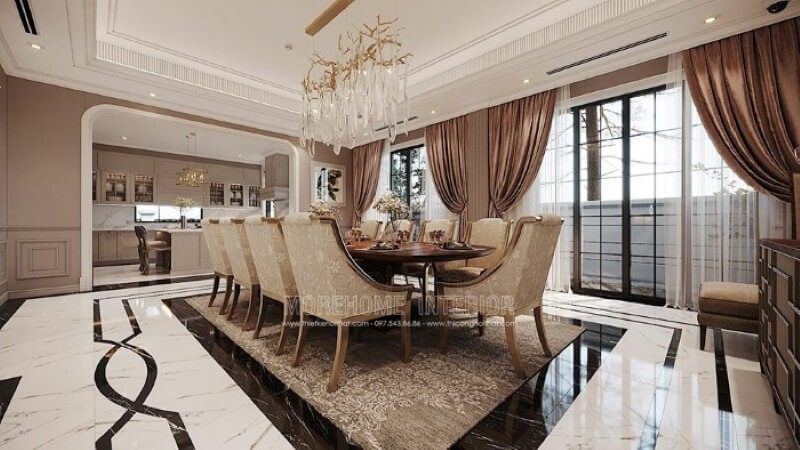 Thiết kế nội thất phòng ăn liền bếp phong cách đương đại đẹp, sang trọng.