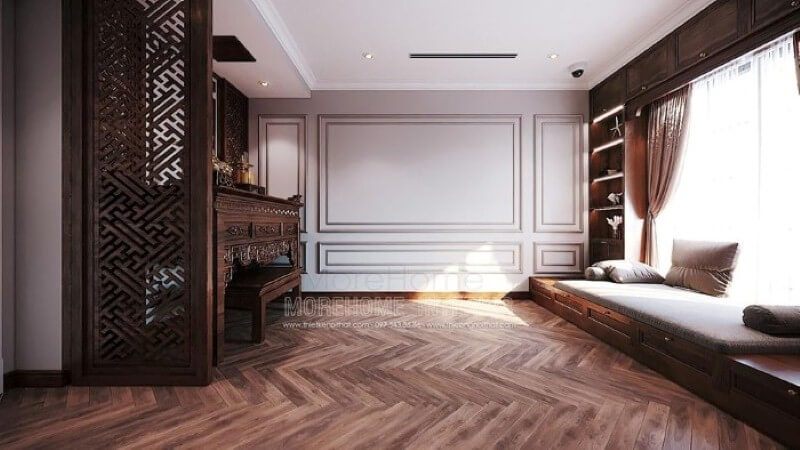 Vách gỗ CNC đẹp cho phòng thờ hiện đại.