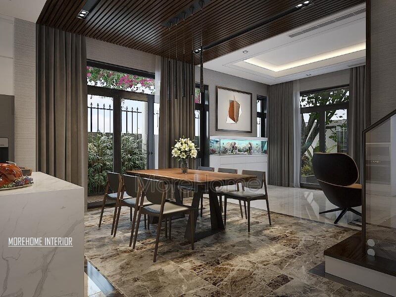 Trang trí phòng ăn hiện đại thông thoáng, chan hòa với thiên nhiên từ hệ cửa lớn giúp ánh sáng lan tỏa tối đa nhưng vẫn chắn nắng kịp thời từ rèm 2 lớp.