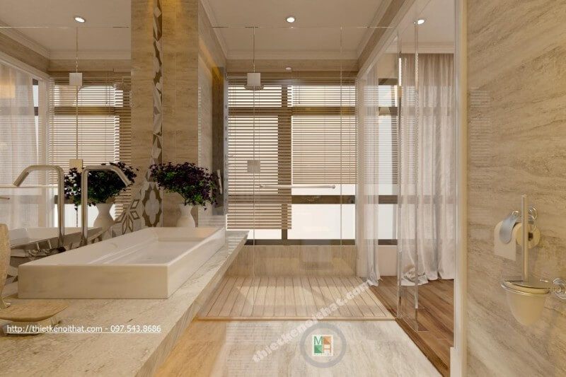 Kiến trúc sư đã lựa chọn sử dụng đá nhân tạo cao cấp trong mẫu thiết kế phòng tắm chung cư, mang lại một không gian sang trọng và sạch sẽ hơn