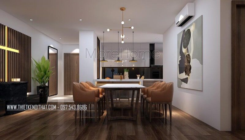 Không gian phòng ăn không bị nhàm chán tẻ nhạt bởi KTS đã thêm vào mảng tường trống một bức tranh canvas giúp cho không gian thêm sinh động.