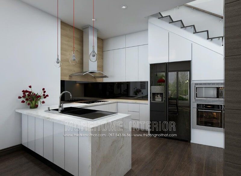 Tủ bếp dành cho nhà phố phong cách hiện đại với thiết kế tinh tế và sang trọng.