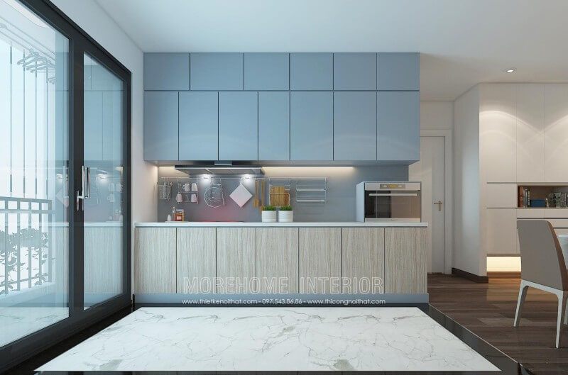 .
Tủ bếp được bố trí hợp lí, các ngăn tủ được chia nhỏ hợp lý, giúp bạn có thể dễ dàng phân loại và lưu trữ đồ dùng phòng bếp trong căn hộ thuận tiện hơn.