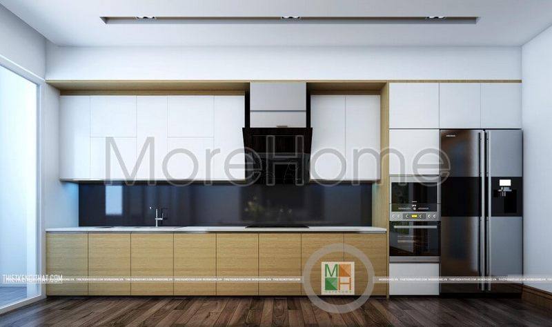 Vẻ đẹp sang trọng của không gian bếp hiện đại trên đây một phần đến từ việc sử dụng kính ốp bếp màu đen sáng bóng.