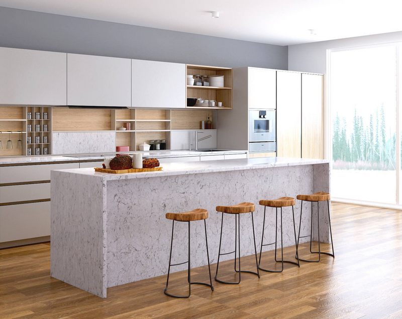 Đá ốp đảo bếp đá nhân tạo với đường vân đẹp mắt mang lại thẩm mỹ cao cho không gian cộng thêm ưu điểm uốn cong vượt trội không để lại vết nối tổng thể chỉnh chu cao cấp.