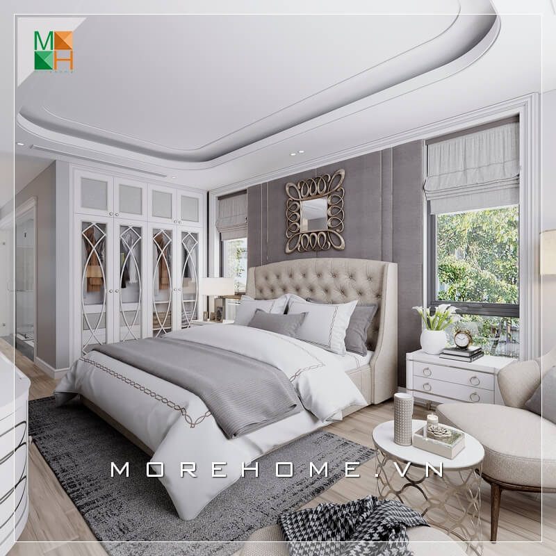 Ấn tượng với mẫu phòng ngủ cho biệt thự, chung cư cao cấp phong cách tân cổ điển với nội thất gỗ tự nhiên sơn trắng sang trọng.