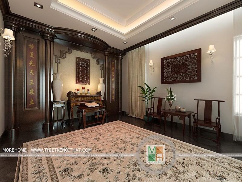 Mẫu bàn ghế gỗ tự nhiên được sử dụng cho phòng thờ.